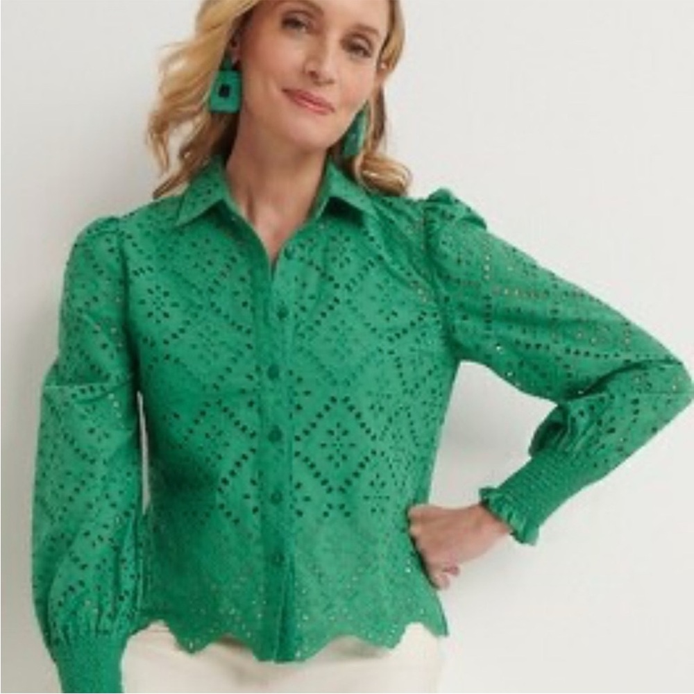 NWOT Chico's 2.5 Green Puff Sleeve Blouse with Notched Collar